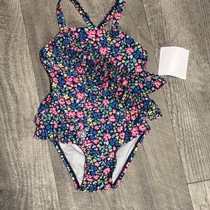 Kids Floral Ruffle One-Piece Swimsuit - Navy with Pink Flowers